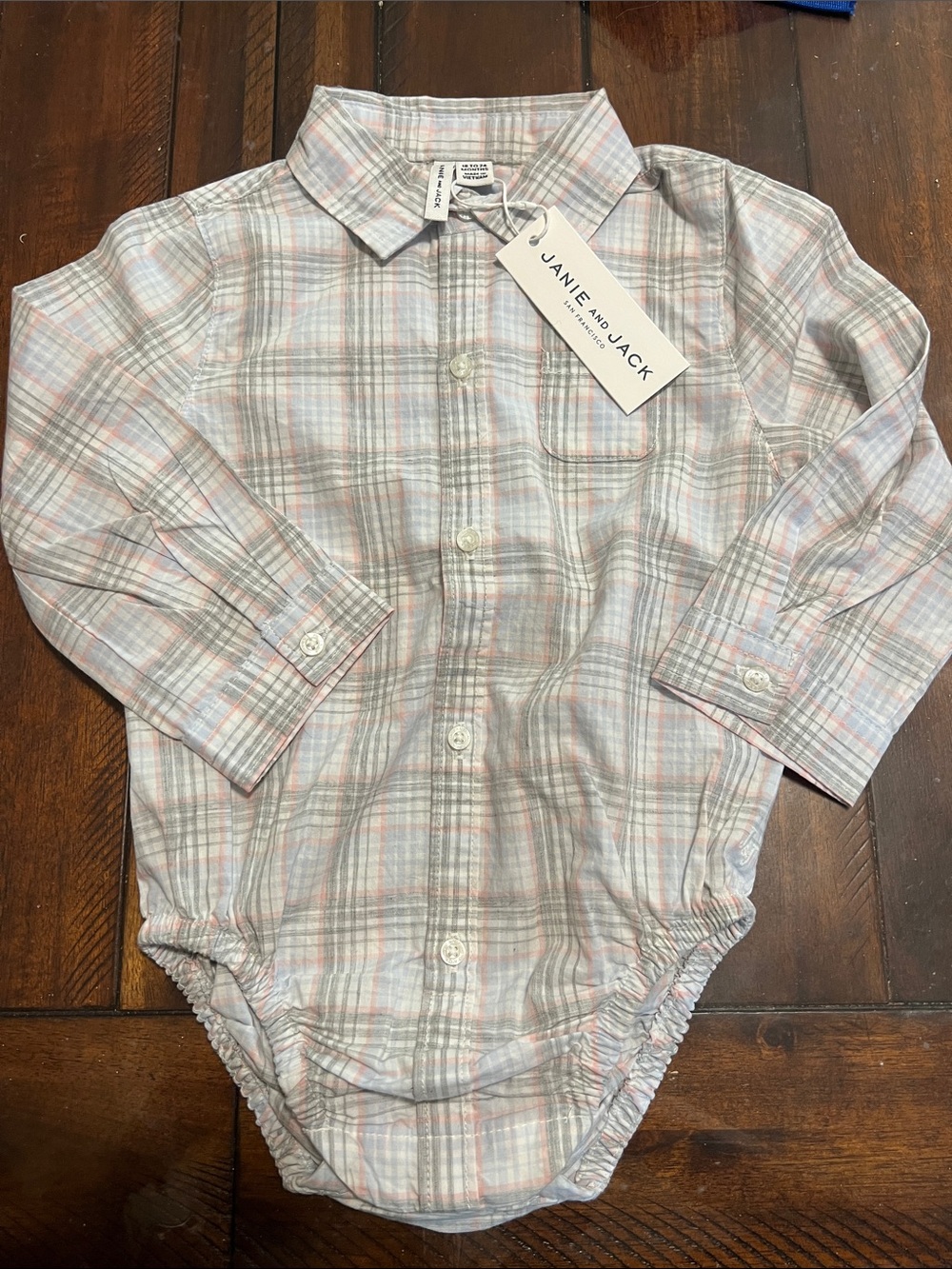 Janie and Jack Pink and Gray Plaid Button-Front Shirt Bodysuit